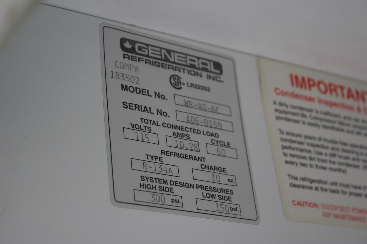 Used General Refrigeration Model WR-40-GC 2 Sliding Glass Door Refrigetor Merchandiser - 3 shelves