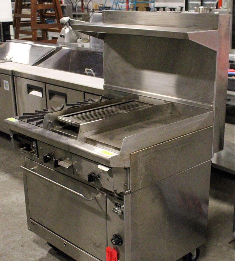 Used QUEST NATURAL GAS CONVECTION OVEN RANGE W/ 2 BURNERS, 12" GRIDDLE, 12" CHAR BROILER -top of the line - very rare unit