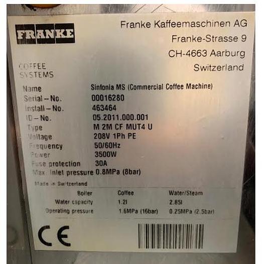 Used FRANKE ALL IN ONE COFFEE MACHINE - SINFONIAMS - - REFURBISHED