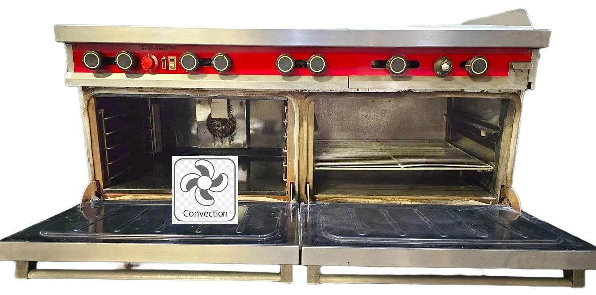 Used Vulcan 6 Burner, Griddle 24" - 1 Regular Oven and 1 Convection Oven