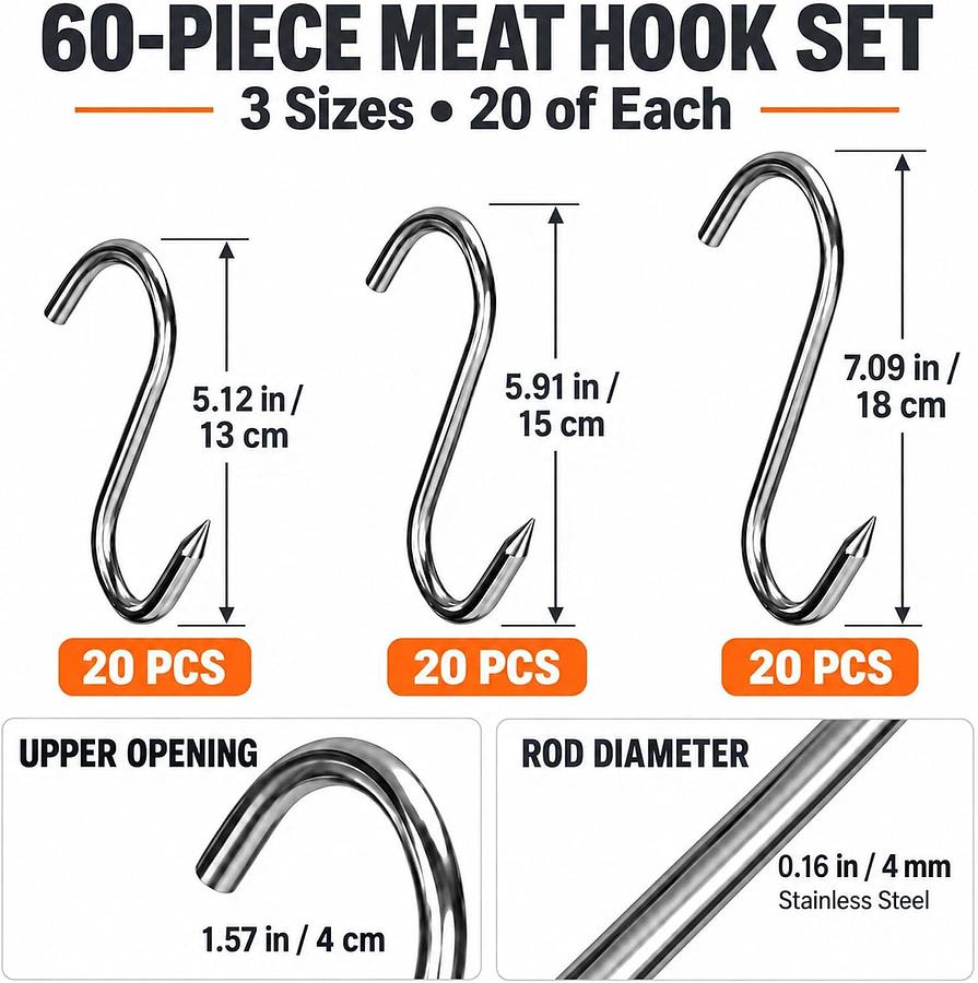 Used 60 Stainless Steel Meat Hooks Assortment Pack - 5" - 6" and 7.8"