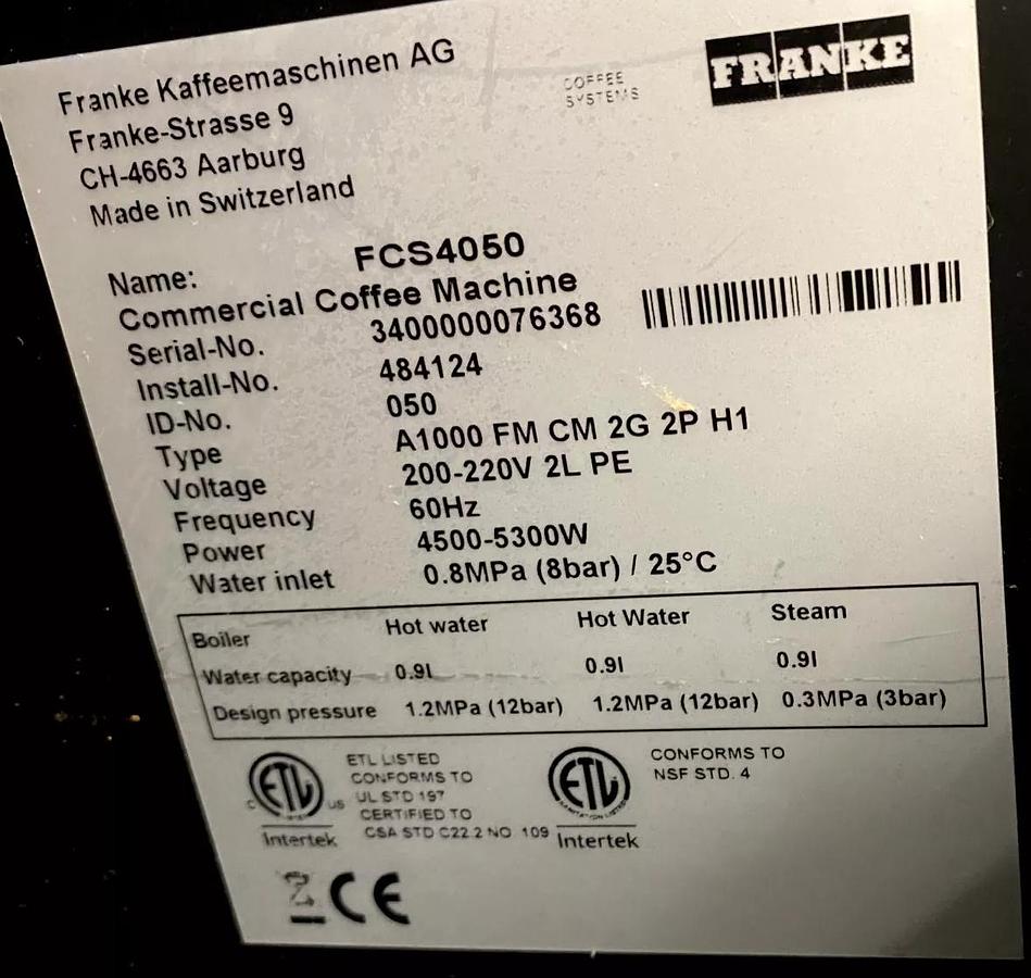 Used 2020 FRANKE COMMERCIAL COFFEE MACHINE In 2020 New, Never-Installed