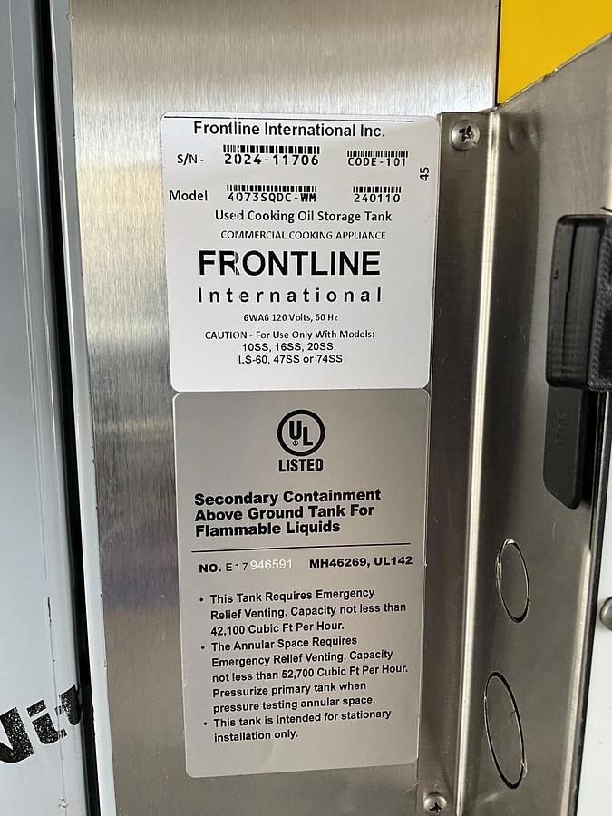 Used Frontline International 10SS 75" grease filter and oil tank Storage 4073SQDC