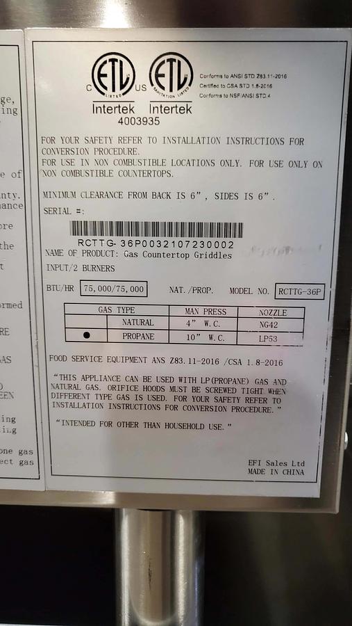 Used EFI RCTTG-36P Thermostatic Griddle