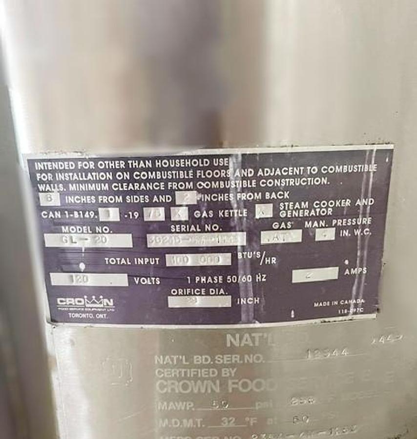 Used Crown Gas Steam Kettles - 2 available