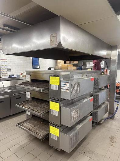 Refurbished Middleby Marshall PS670G Triple Conveyor Gas Pizza Ovens With Hood
