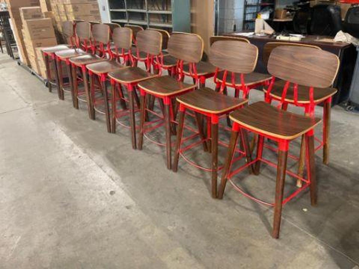 Used (16) WOOD & METAL BAR STOOLS - WALNUT & RED FINISH - 1 lot one price