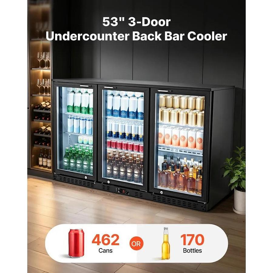 Used Back Bar Cooler, 11.4 Cu.Ft Commercial Beverage Refrigerator with 3 Glass Door, Large Under Counter Fridge w/ LED Lighting, Shelf, Low-E Glass Display Cooler for Store, Lobby, Restaurant, Pub