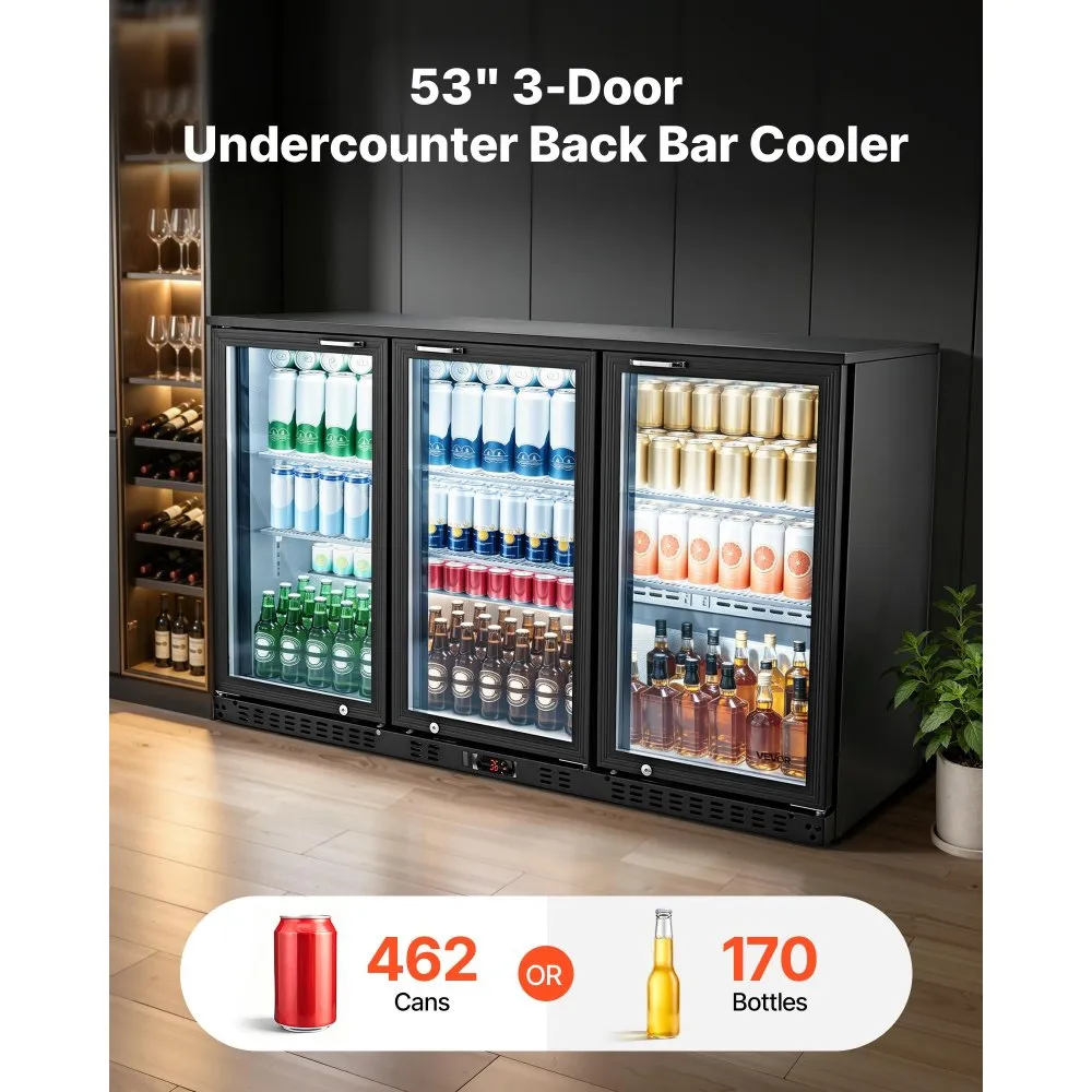 Used Back Bar Cooler, 11.4 Cu.Ft Commercial Beverage Refrigerator with 3 Glass Door, Large Under Counter Fridge w/ LED Lighting, Shelf, Low-E Glass Display Cooler for Store, Lobby, Restaurant, Pub
