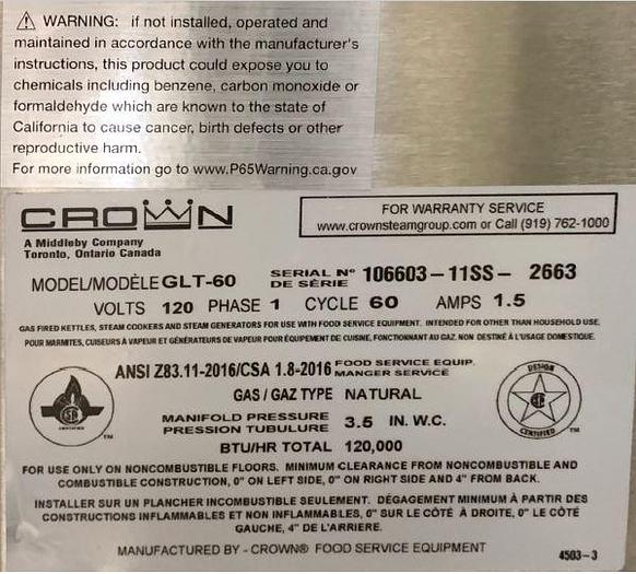 Refurbished Crown Gas GLT-60 Tilting kettle- Warranty - buy or rent $85.86 per day