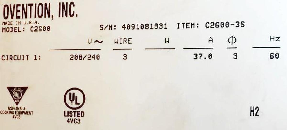 Used OVENTION C2600 CONVEYOR OVEN, 208/240V 3PH