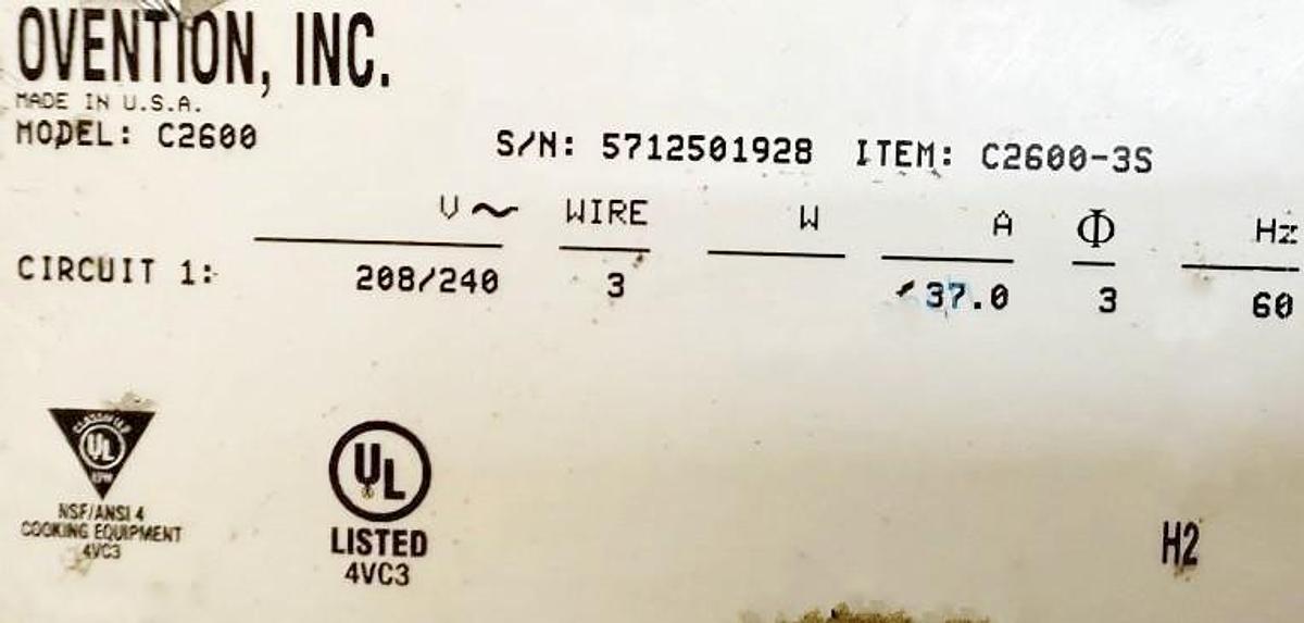 Used OVENTION C2600 CONVEYOR OVEN, 208/240V 3PH