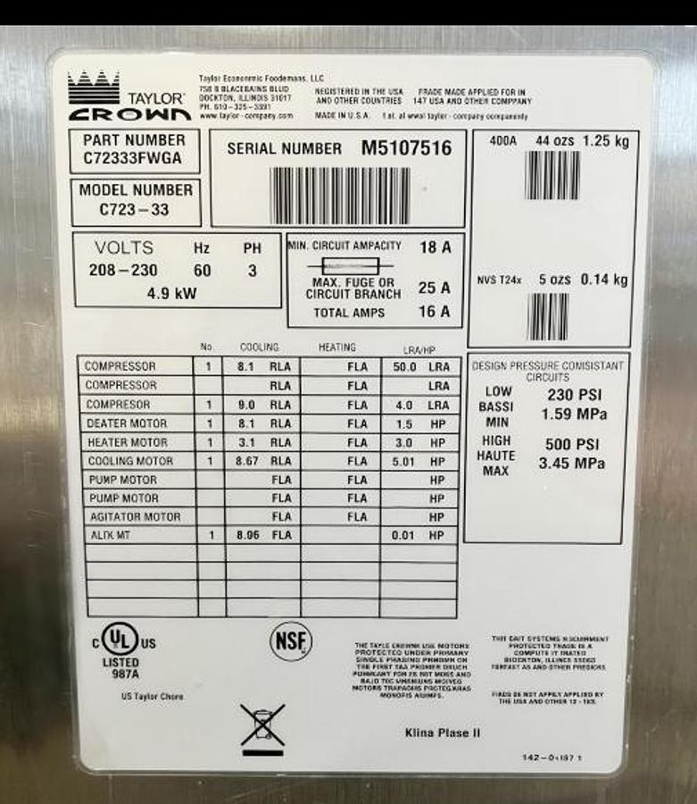 Used 2015 TAYLOR C723-33 ICE CREAM MACHINE