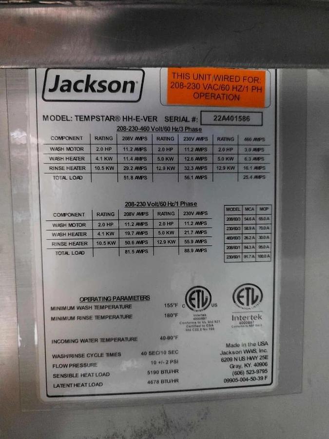 Used Jackson Tempstar Ventless High Temp Pass Through Dishwasher - 