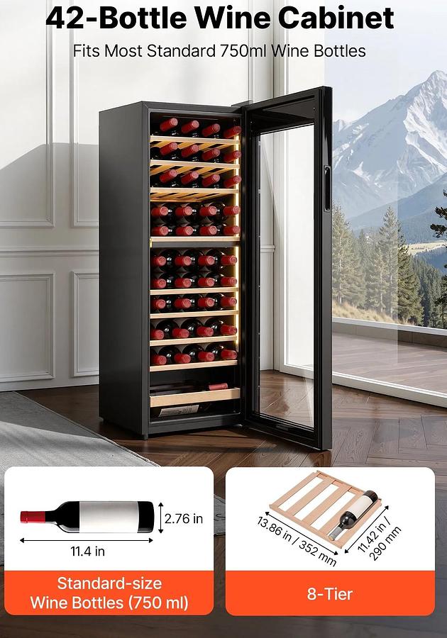 Used 42 Bottle Wine Fridge, Freestanding Wine Cooler Refrigerator, Dual Zone Cooler, 41℉ to 65℉ Adjustable Temp Mini Cellar, Glass Door, For Home Office Bar, Red White Champagne or Sparkling Wines