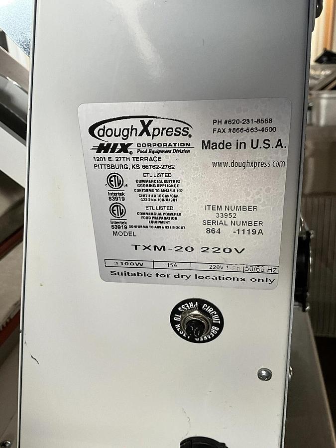 Used 2019 DoughXpress dough press TXM-20 Pizza tortilla press