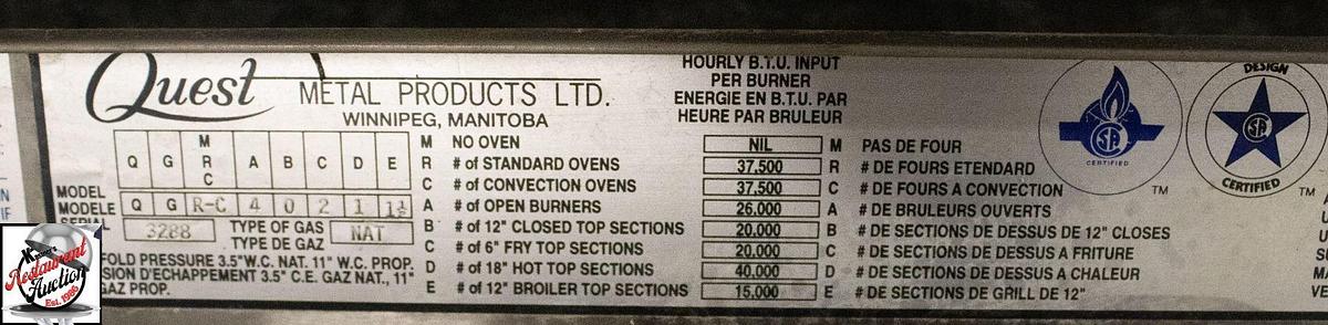 Used QUEST COMBINATION RANGE W/ GRILL, GRIDDLE, CHAR BROILER - 1 CONVECTION OVEN - 1 REGULAR OVEN FRENCH TOP BURNERS - TOP OF THE LINE