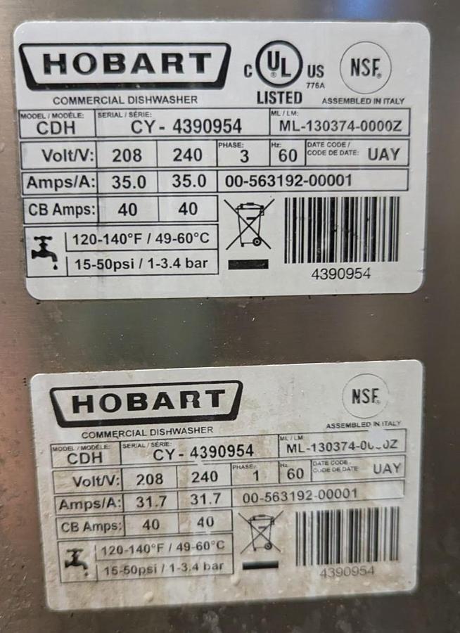 Used  Hobart CDH Door-Type Hi Temp Dishwasher   -C/W DISH TABLING -WARRANTY