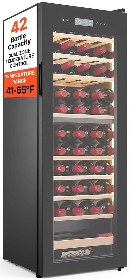 Used 42 Bottle Wine Fridge, Freestanding Wine Cooler Refrigerator, Dual Zone Cooler, 41℉ to 65℉ Adjustable Temp Mini Cellar, Glass Door, For Home Office Bar, Red White Champagne or Sparkling Wines