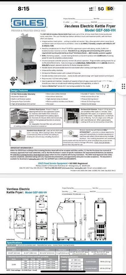 Used Giles Ventless Electric Deep Fryer  - near new