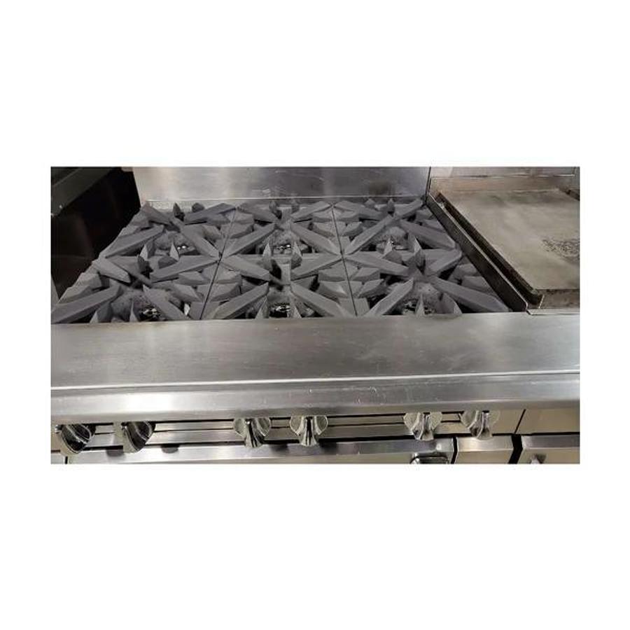 Used Vulcan VC0136-500 Custom Range: 6 Burners / 15-in Griddle / 12-in Hotplate / 24-in Char / Double Oven
