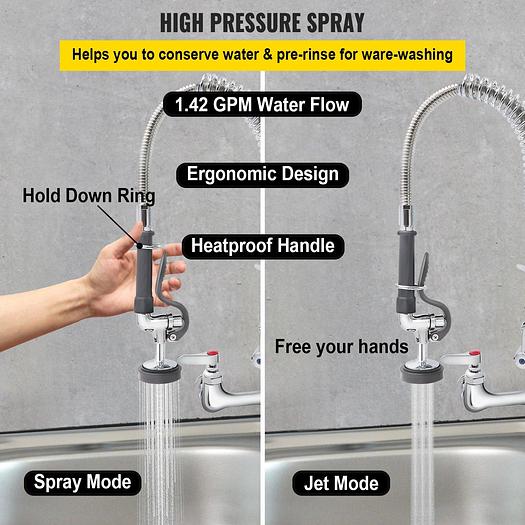 Commercial Pre-rinse Faucet Wall Mount Kitchen Sink Faucet 8" w/ Sprayer