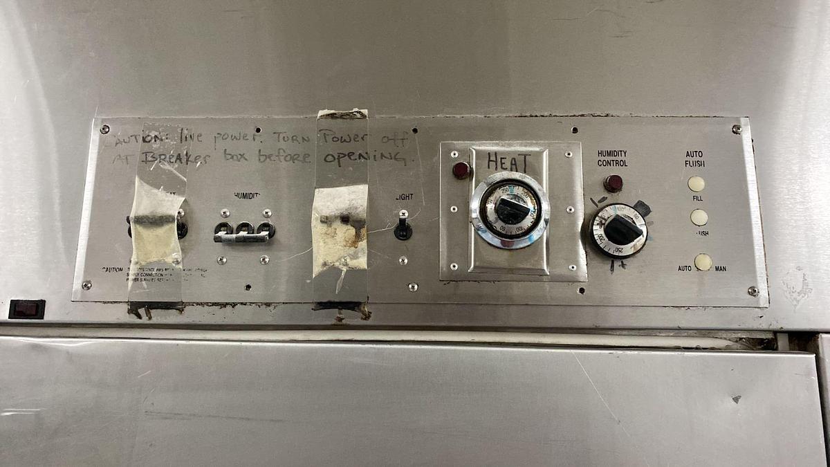 Used LUCKS DR 1/8 STAINLESS STEEL 2 DOOR 80"W X 104"D X 93"H COMMERCIAL ROLL IN BAKERS PROOFER