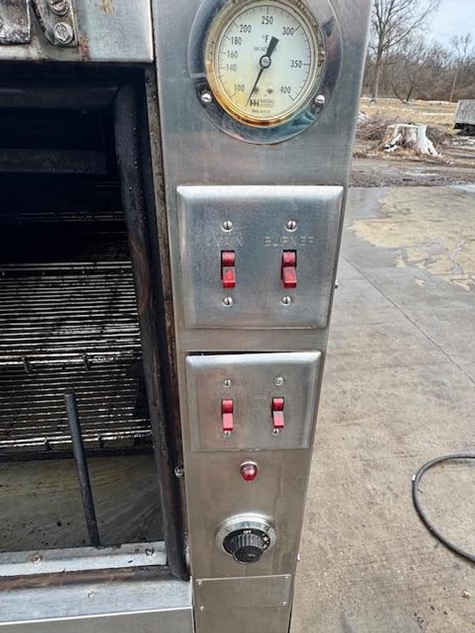 Used Ole Hickory Natural Gas Rotisserie Smoker On Casters.