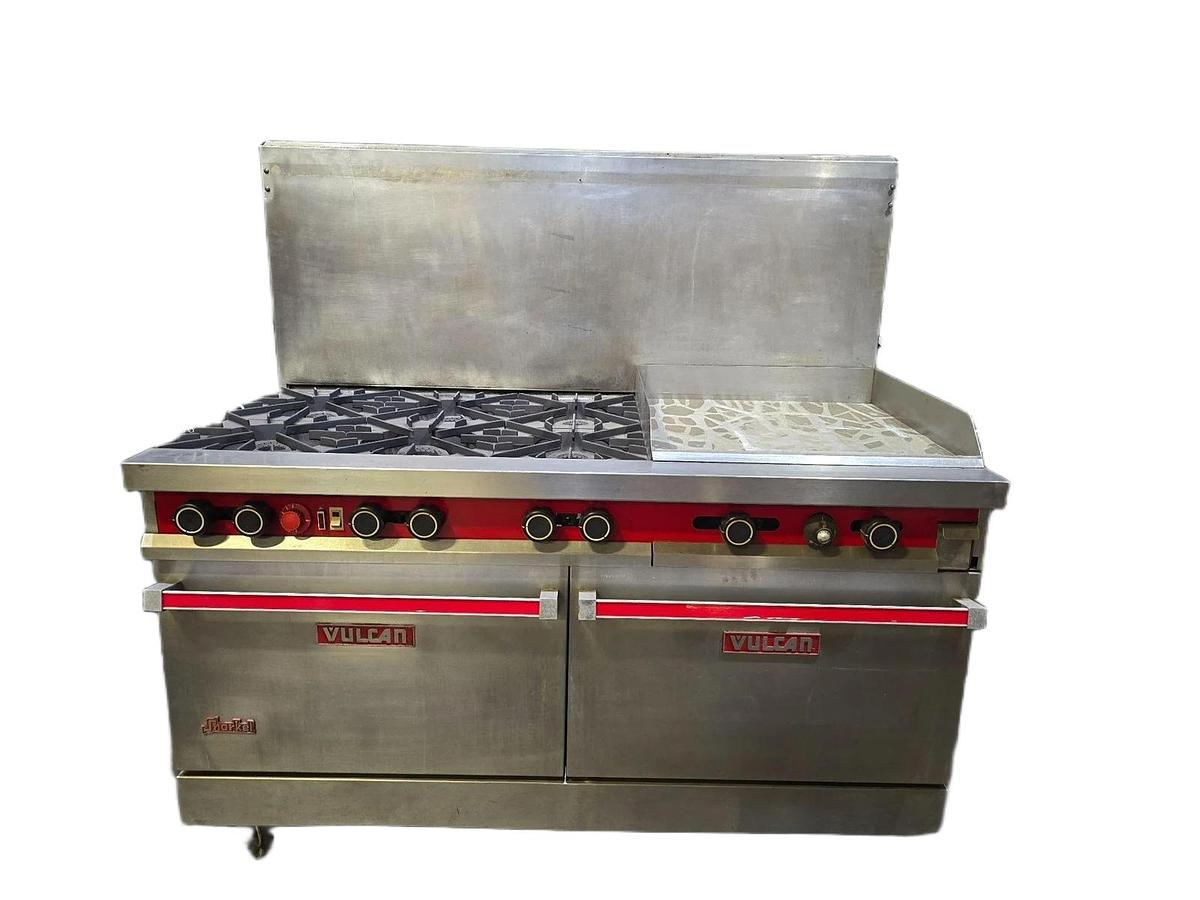 Used Vulcan 6 Burner, Griddle 24" - 1 Regular Oven and 1 Convection Oven