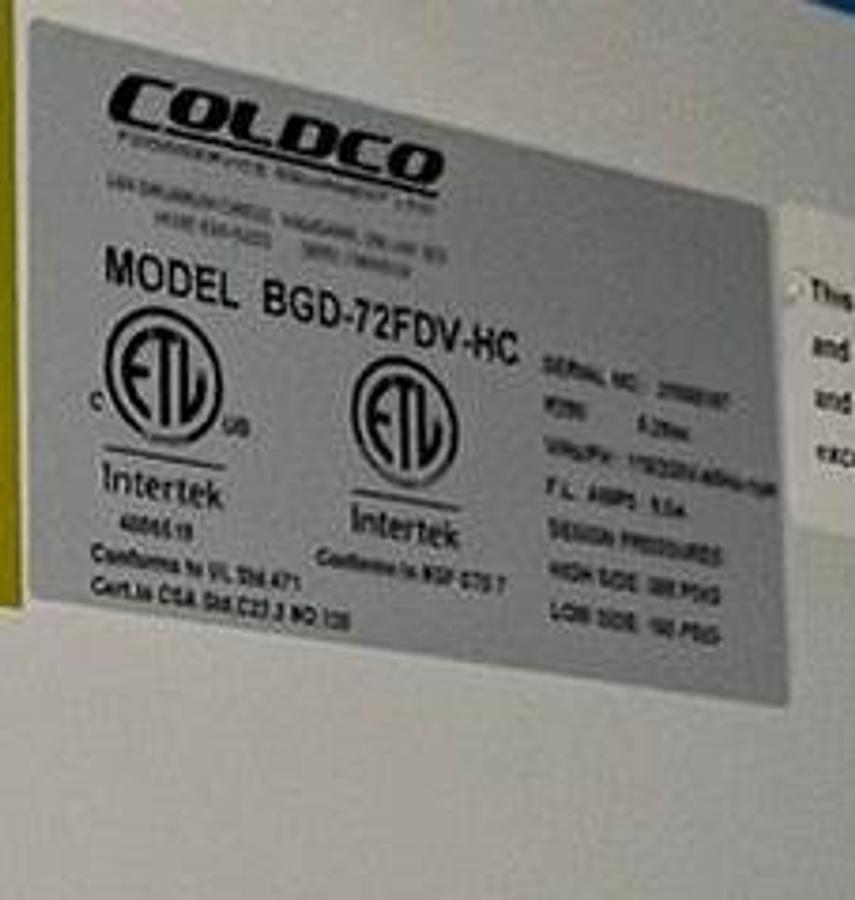 Used COLDCO BGD-72FDV-HC Glass Door Freezer - WARRANTY