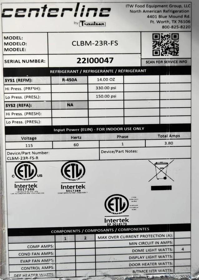Used Traulsen CLBM-23F-FS - warranty
