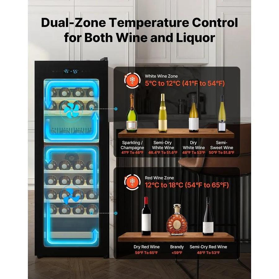 Used 42 Bottle Wine Fridge, Freestanding Wine Cooler Refrigerator, Dual Zone Cooler, 41℉ to 65℉ Adjustable Temp Mini Cellar, Glass Door, For Home Office Bar, Red White Champagne or Sparkling Wines