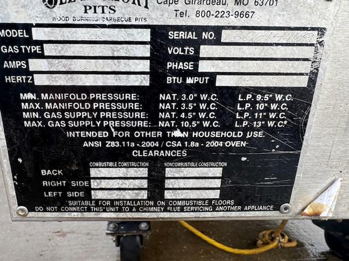 Used Ole Hickory Natural Gas Rotisserie Smoker On Casters.