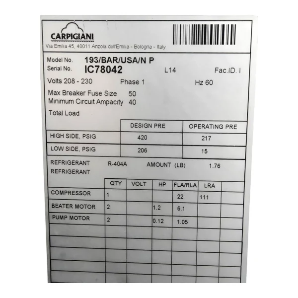 Used Carpigiani 193/BAR/USA/NP Soft Serve Machine