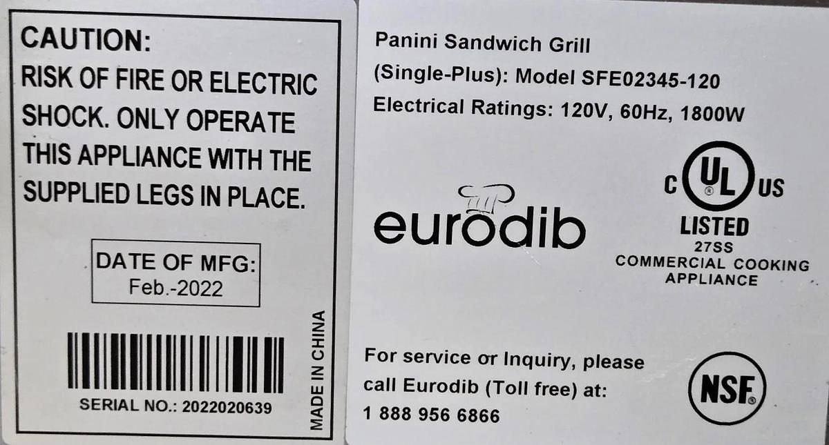 Used Eurodib SFE02345-120 Panini Grill - Warranty