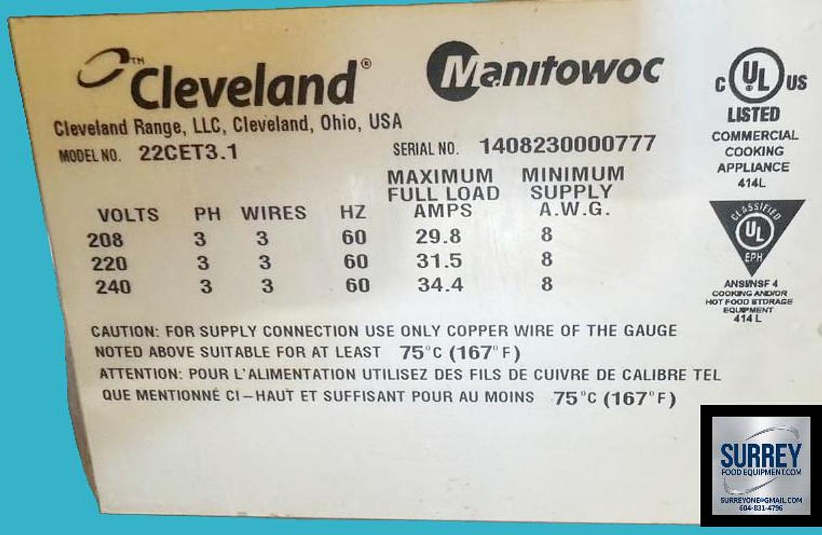 Used Cleveland electric steamer - model 22CET3.1