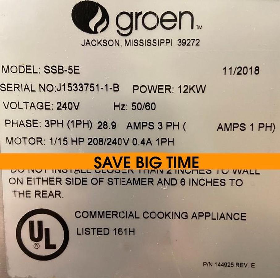 Refurbished 2018 Groen 10 Pan Electric Steamer Boilerless SSB-5E - WELL MAINTAINED