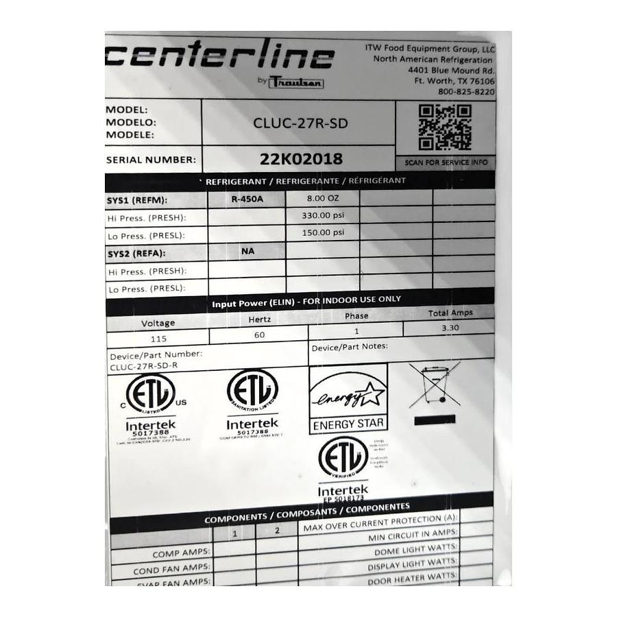 Used Hobart - Centerline  CLUC-27RSD Undercounter Refrigerator -warranty