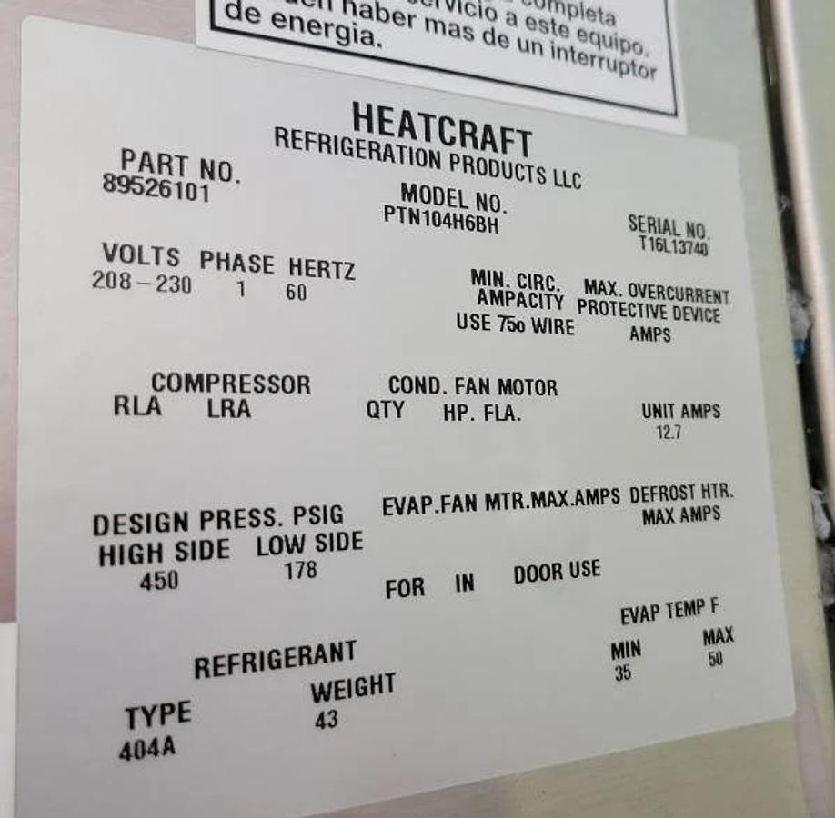 Used Heatcraft PTN104H6BH Top Mount Refrigeration System