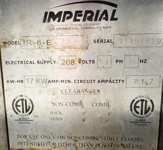 Refurbished Imperial 6 burner electric range with oven -SINGLE PHASE