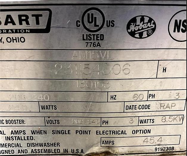 Refurbished Hobart AM-15 VL  Ventless commercial dishwasher