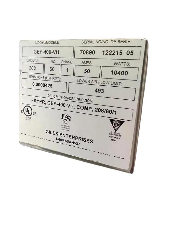 Used Giles GEF-400-VH 45 Lb Ventless Kettle Fryer – 1 phase 208V