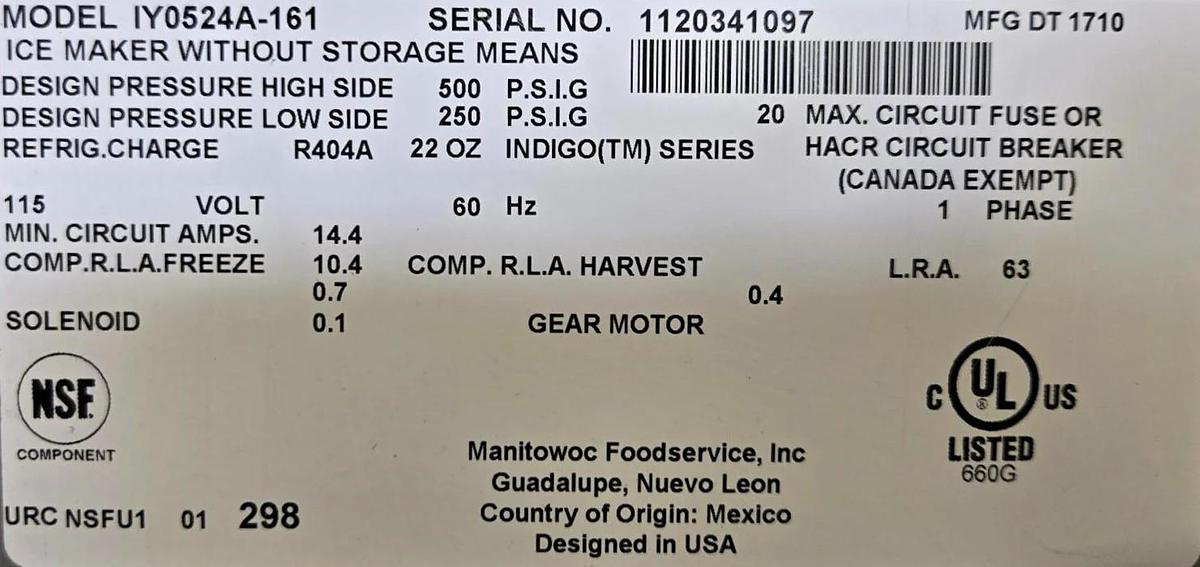 Used Manitowoc IY0524A-161 Ice Maker - 485 LBS WARRANTY