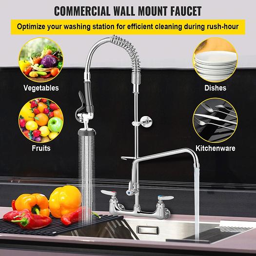 Commercial Pre-rinse Faucet Wall Mount Kitchen Sink Faucet 8" w/ Sprayer