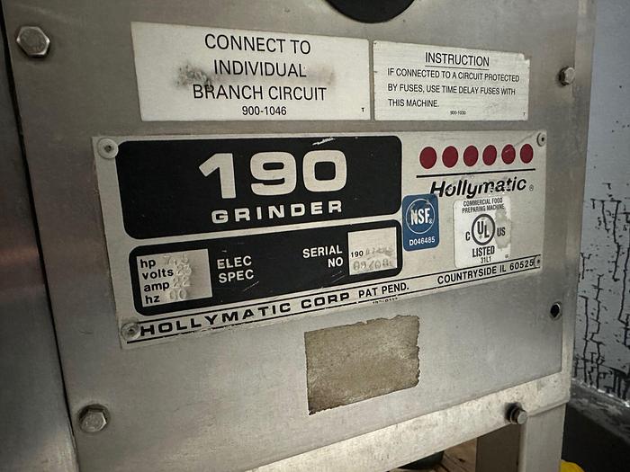 Used Hollymatic 7.5 HP Stainless Steel 190 Grinder 