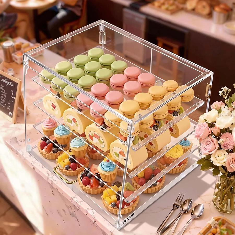 Bakery Display Case, 4-Tier Commercial Countertop Pastry Display Case, Clear Acrylic Bread Box for Kitchen, Party Cake Cabinet with Magnetic Rear Door for Cookie Dessert Donut, 20.9"x17.1"x16.3"