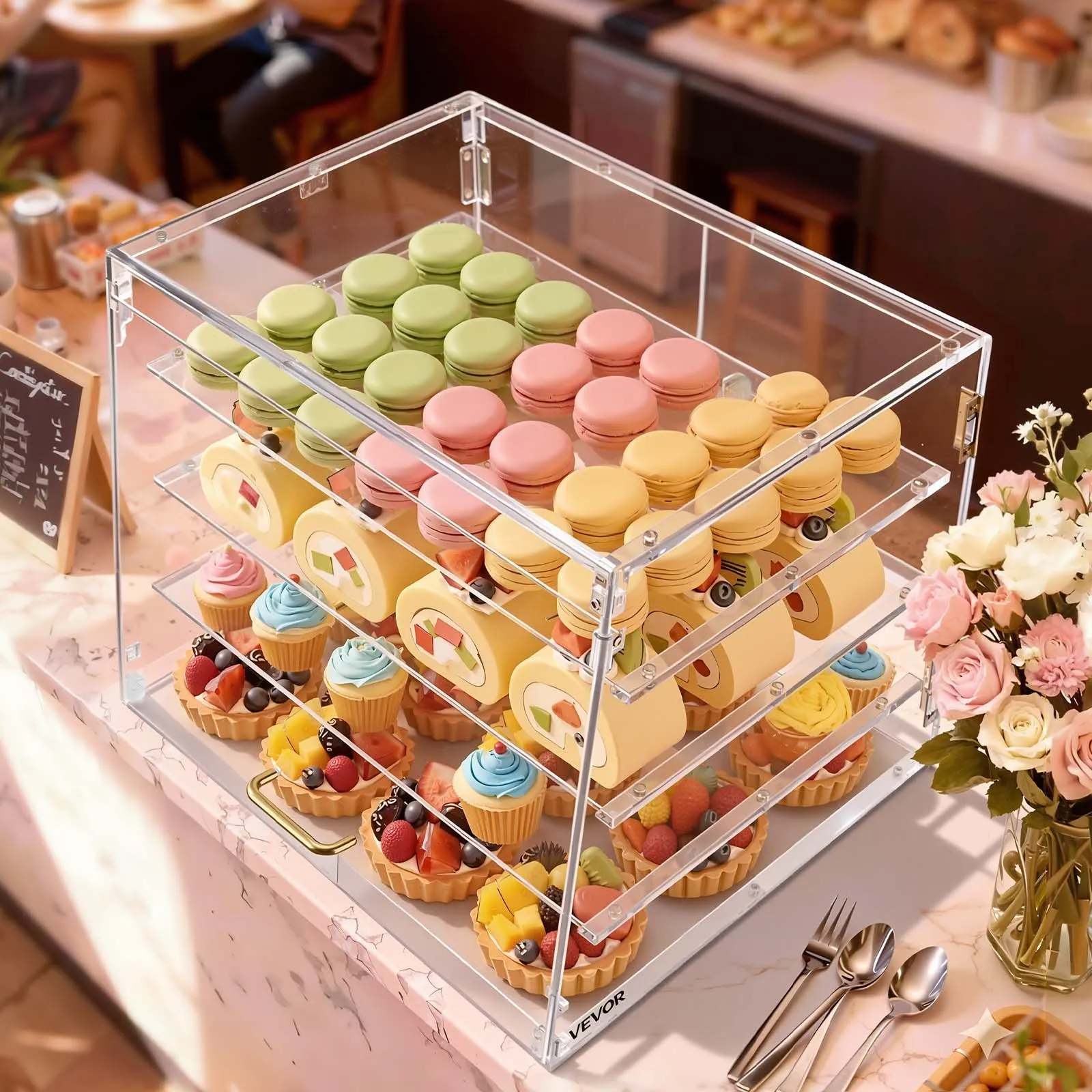 Bakery Display Case, 4-Tier Commercial Countertop Pastry Display Case, Clear Acrylic Bread Box for Kitchen, Party Cake Cabinet with Magnetic Rear Door for Cookie Dessert Donut, 20.9"x17.1"x16.3"