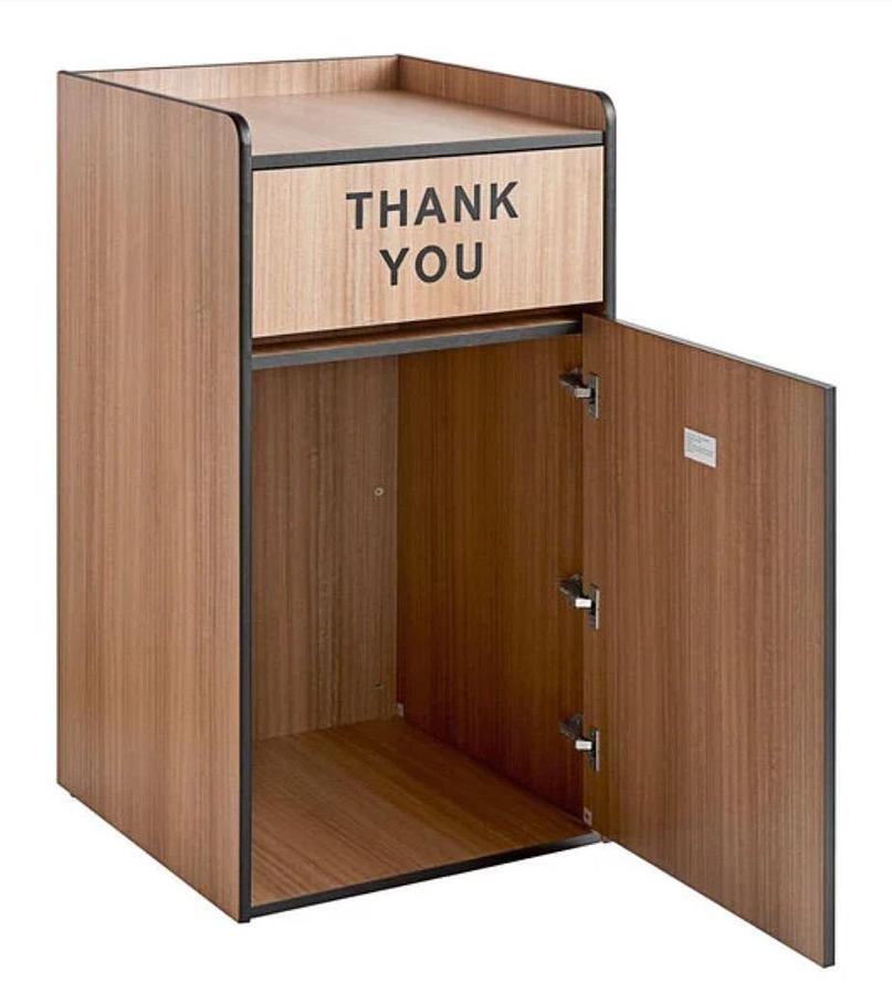 Used Waste 35 Gallon Weathered Walnut Waste Receptacle Enclosure with "THANK YOU" Swing Door - 8 available - brand new