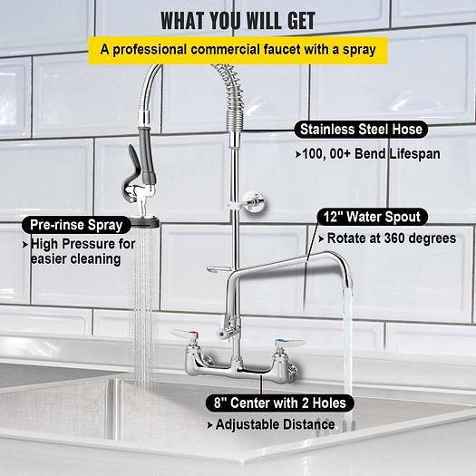 Commercial Pre-rinse Faucet Wall Mount Kitchen Sink Faucet 8" w/ Sprayer
