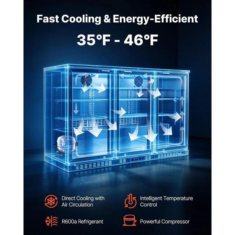 Used Back Bar Cooler, 11.4 Cu.Ft Commercial Beverage Refrigerator with 3 Glass Door, Large Under Counter Fridge w/ LED Lighting, Shelf, Low-E Glass Display Cooler for Store, Lobby, Restaurant, Pub